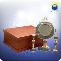 ست آینه و شمعدان بزرگ مس و فیروزه کوب با جعبه ام دی اف چرمی