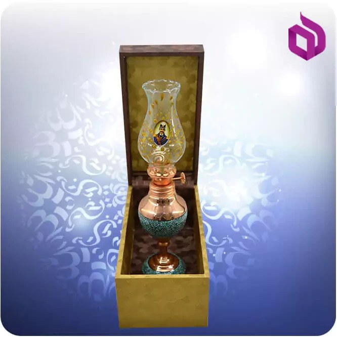 چراغ نفتی فرانسوی مس و فیروزه کوب شمائی با جعبه ام دی اف گالینگور