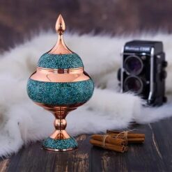 شکلات خوری فیروزه کوبی 25 قندان پایه دار فیروزه کوبی نیشابور و گز خوری مس و فیروزه کوبی صنایع دستی سایروس