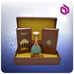 قرآن و حافظ پالتويی چرم با گلدان مس و فیروزه کوبی 16 سانتی متری