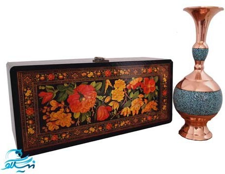 گلدان تنه گرد فیروزه کوبی 25 سانتی با جعبه دکوپاژ