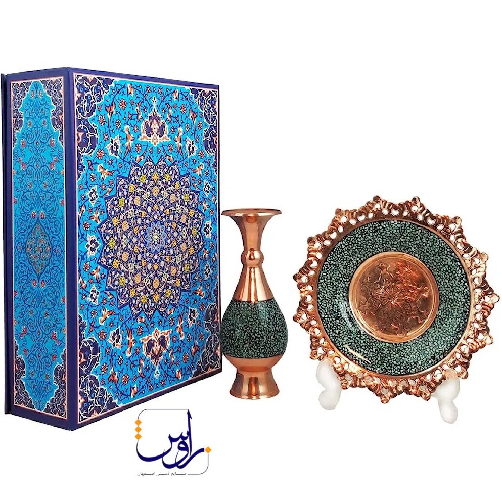 ست بشقاب فیروزه و گلدان صراحی فیروزه کوب با جعبه طرح مینا