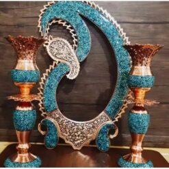 آینه بته جغه فیروزه کوبی نیشابور مسی 30 سانتی قلم زنی شده و لب شبکه ای و ملیله کاری شده