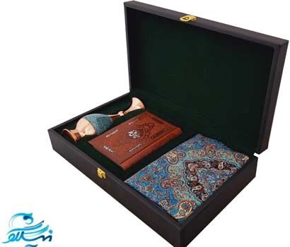 پک گلدان فیروزه کوبی ترمه و دیوان حافظ با جعبه چرم