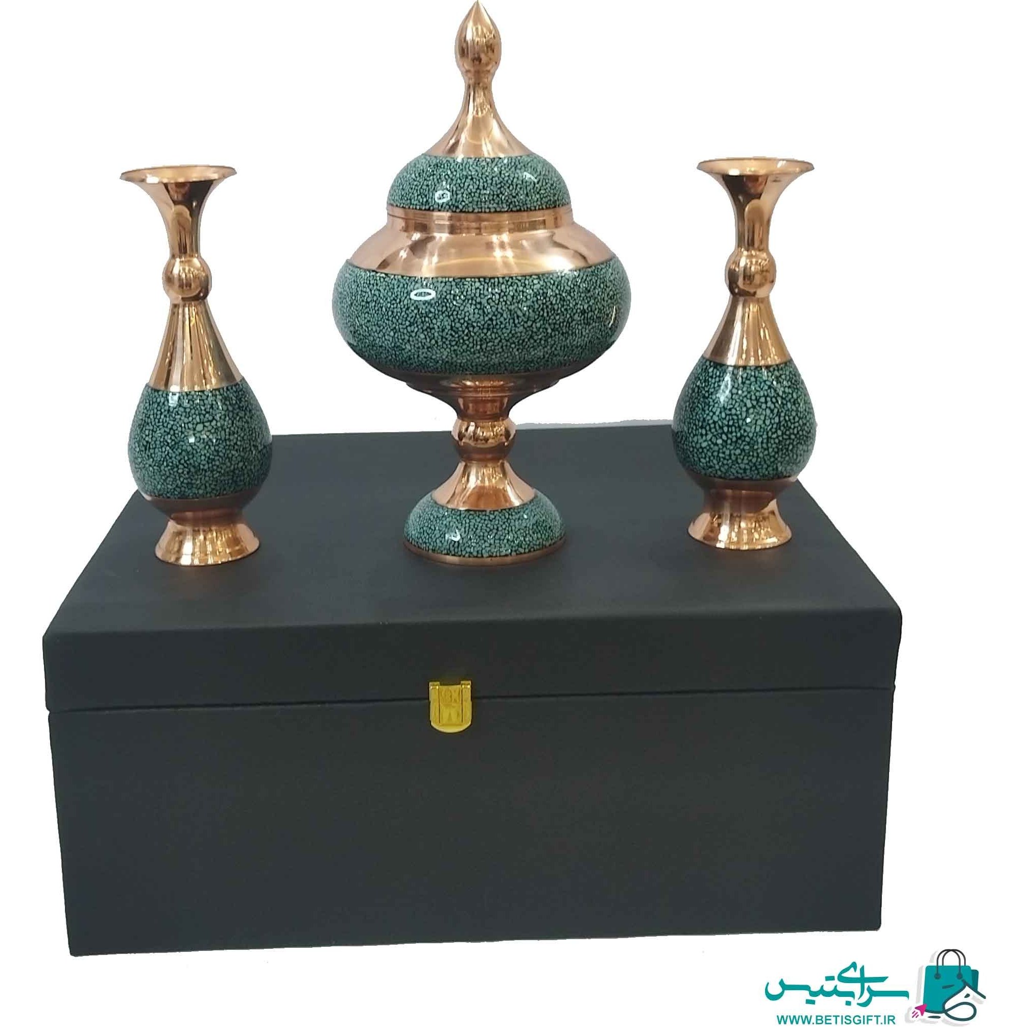 ست هدیه جفت گلدان و شکلات خوری فیروزه کوب به همراه جعبه هدیه