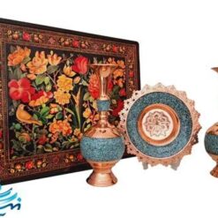 پک هدیه گلدان 25 و بشقاب 20 سانتی فیروزه کوبی با جعبه دکوپاژ