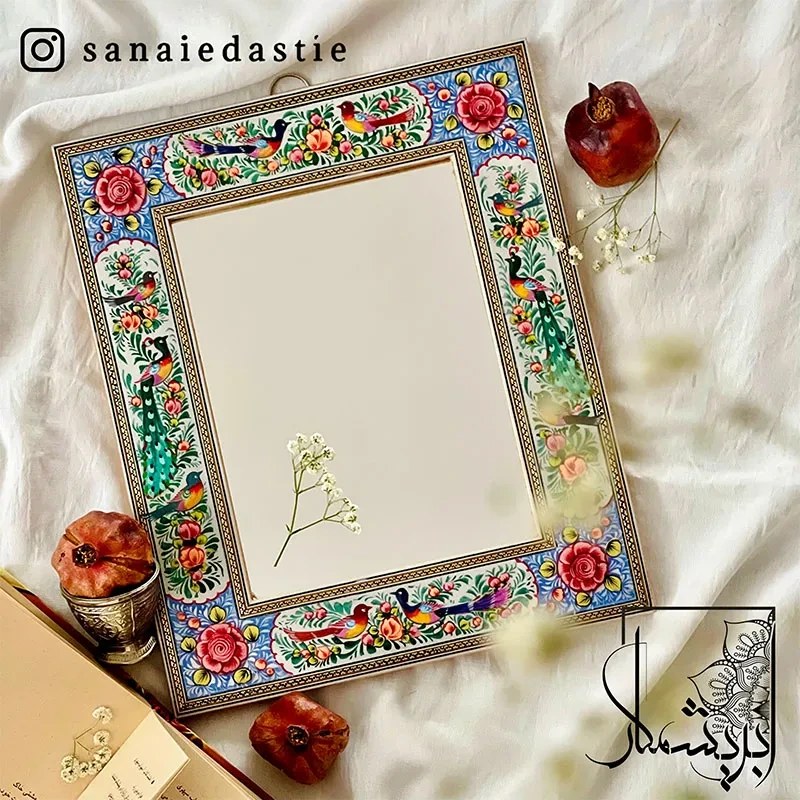 آینه طرح گل و مرغ زمینه فیروزه ای سایز 34×28