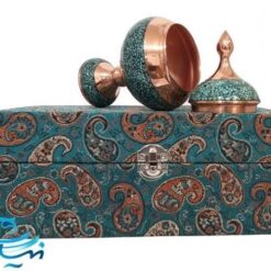 شکلات خوری پایه دار مس و فیروزه کوب با جعبه ترمه