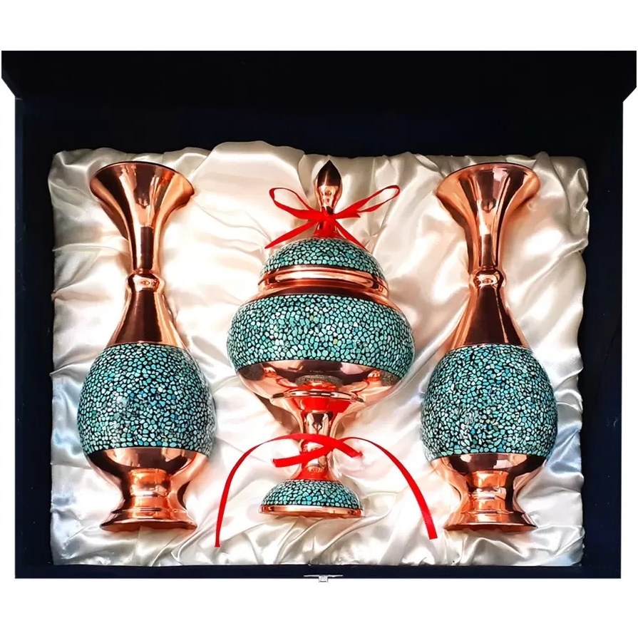 ست شکلات خوری و گلدان فیروزه کوبی نفیس به همراه باکس کد b299