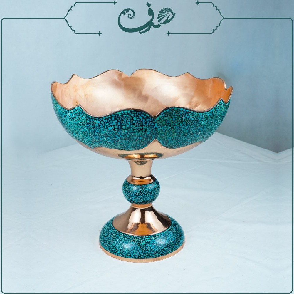 ظرف میوه خوری مسی فیروزهکوبی پایه دار
