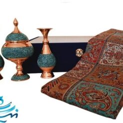 ست هدیه ظروف فیروزه کوبی و رومیزی ترمه