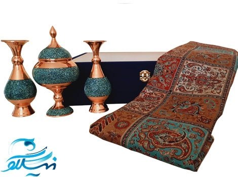 ست هدیه ظروف فیروزه کوبی و رومیزی ترمه