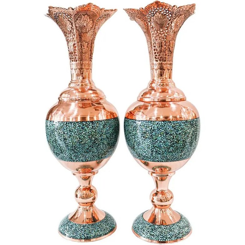 سنبلدان فیروزه کوبی یا گلدان 44 سانتی مس و فیروزه کوبی نیشابور قلم زنی شده و لب شبکه ای صنایع دستی سایروس