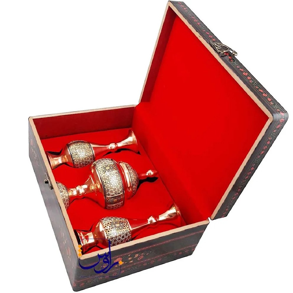 پک هدیه جفت گلدان صراحی 20 و شکلات خوری 23 خاتم کاری با جعبه دکوپاژ
