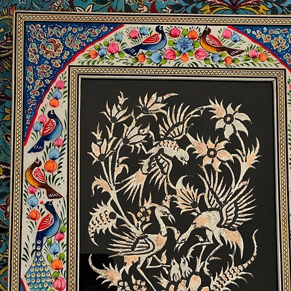 تابلو قلمزنی گل و بلبل با قاب خاتم کاری دستساز 34در28