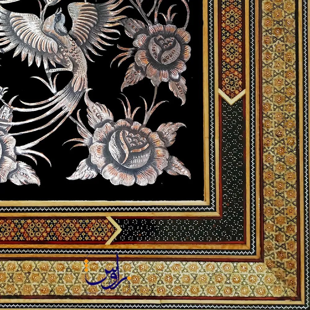 تابلو قلم زنی گل و مرغ با قاب خاتم ترنج سایز 63*53