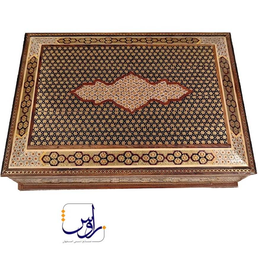 جعبه تی بگ و دمنوش خاتم کاری مدل رو خاتم طرح صلیبی