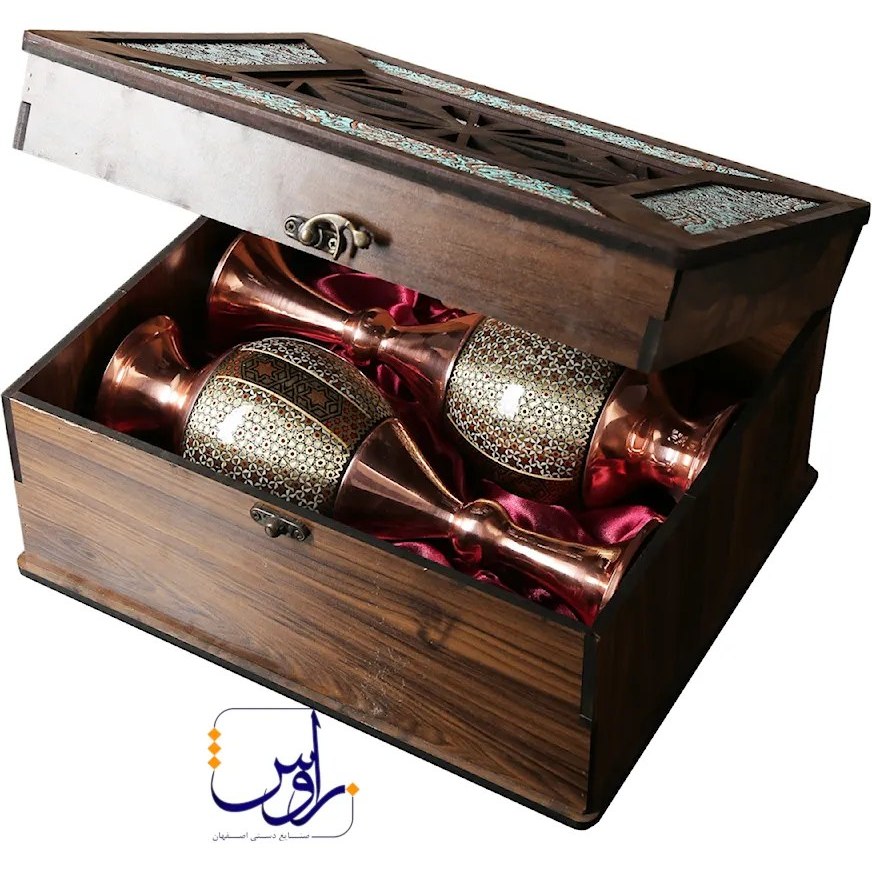 پک هدیه جفت گلدان صراحی 30 خاتم کاری با جعبه چوب و ترمه