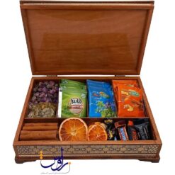 جعبه تی بگ و دمنوش خاتم کاری مدل رو خاتم طرح توپی