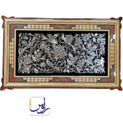 تابلو قلم زنی طرح گل و مرغ با قاب خاتم صلیبی شاسی دار سایز 103*63