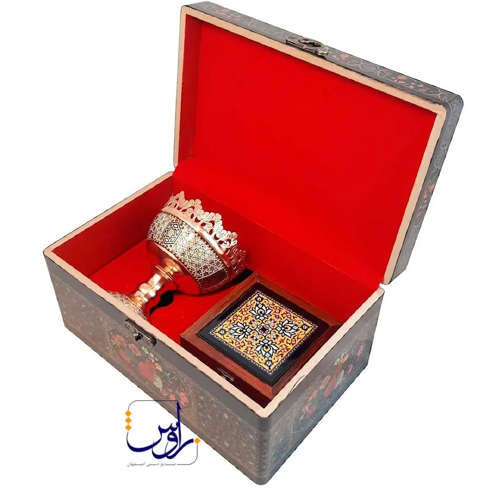 پک هدیه آجیل خوری 11 خاتم کاری و جعبه کاشی 11 با جعبه دکوپاژ