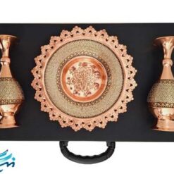 پک جفت گلدان و بشقاب مس و خاتم با جعبه چرم
