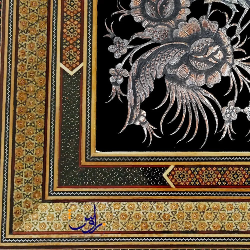 تابلو قلم زنی گل و مرغ با قاب خاتم ترنج سایز 63*53