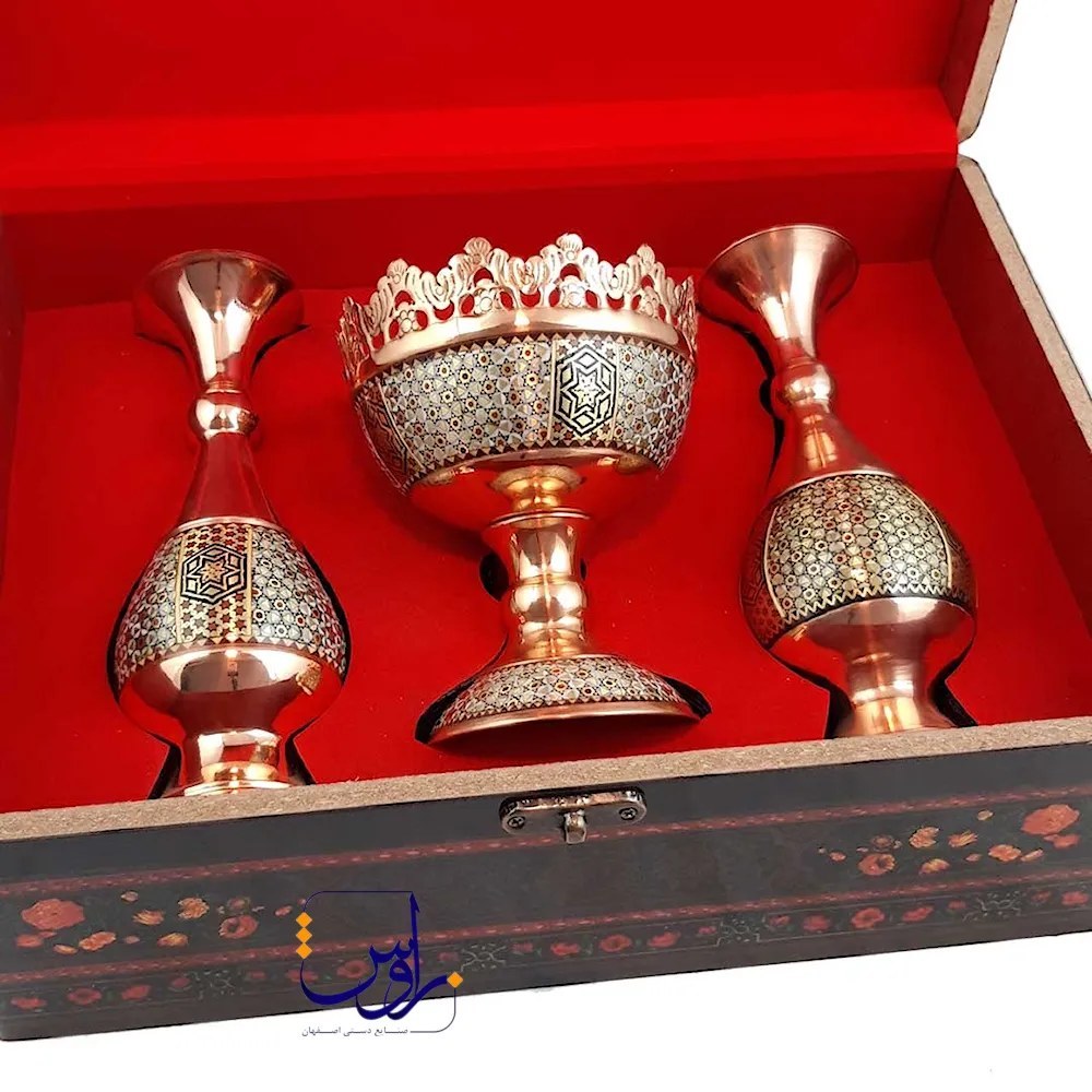 پک هدیه جفت گلدان صراحی 20 و آجیل خوری 16 خاتم کاری با جعبه دکوپاژ