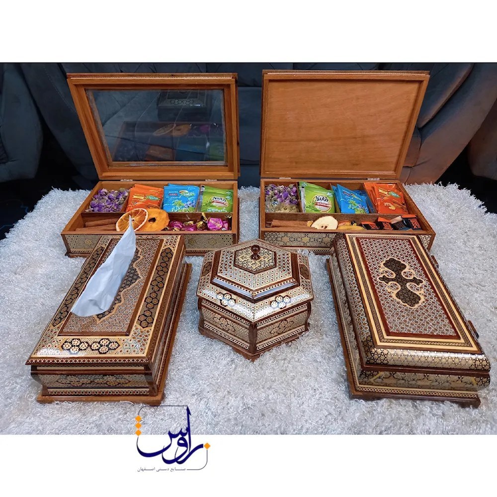 جعبه تی بگ و دمنوش خاتم کاری مدل رو شیشه طرح