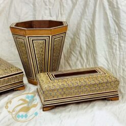 ست خاتم کاری نفیس ( جعبه دستمال کاغذی جعبه کارد و چنگال سطل پذیرایی )
