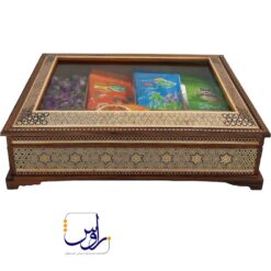 جعبه تی بگ و دمنوش خاتم کاری مدل رو شیشه طرح