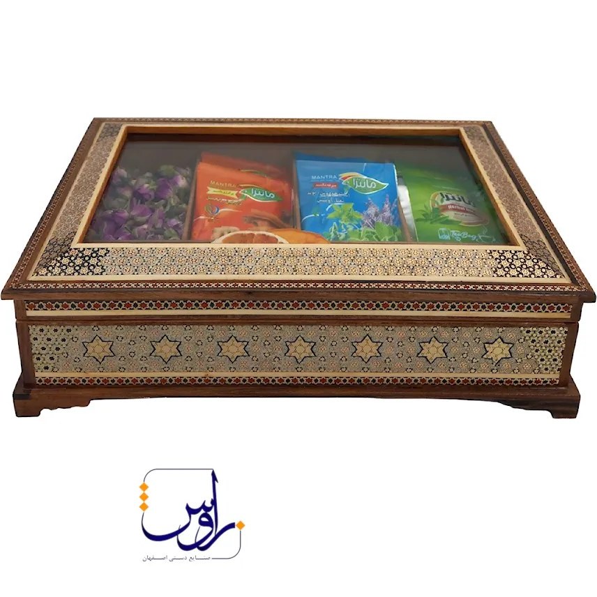 جعبه تی بگ و دمنوش خاتم کاری مدل رو شیشه طرح
