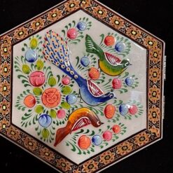 جعبه جواهرات خاتمکاری ششضلعی بزرگ با نقش گل و مرغ مینیاتوری