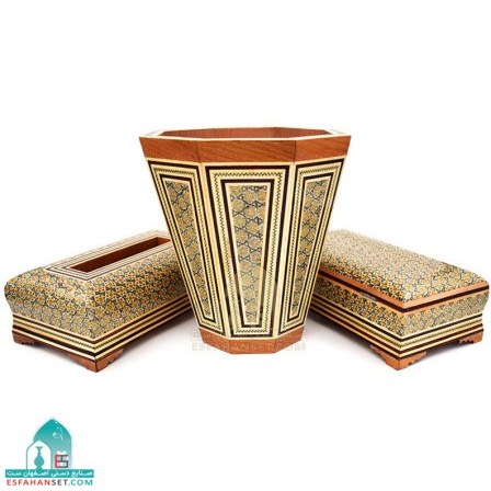 ست سه تکه خاتم کاری سطل و جعبه دستمال و جاکاردی