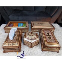 جعبه تی بگ و دمنوش خاتم کاری مدل رو خاتم طرح توپی