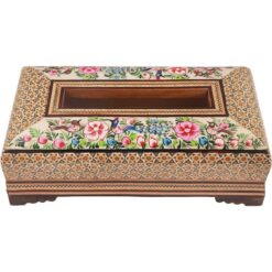 جعبه دستمال کاغذی خاتم تخمه دار نقاشی گل و مرغ