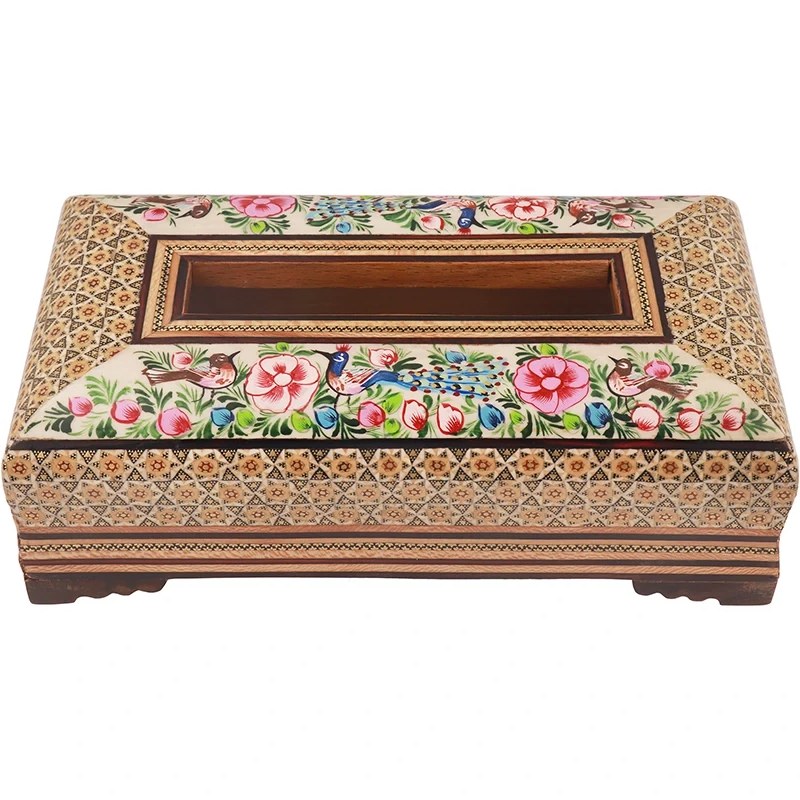 جعبه دستمال کاغذی خاتم تخمه دار نقاشی گل و مرغ