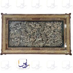 تابلو قلم زنی طرح شکار با قاب خاتم سایز ۱۲۳ در ۷۳