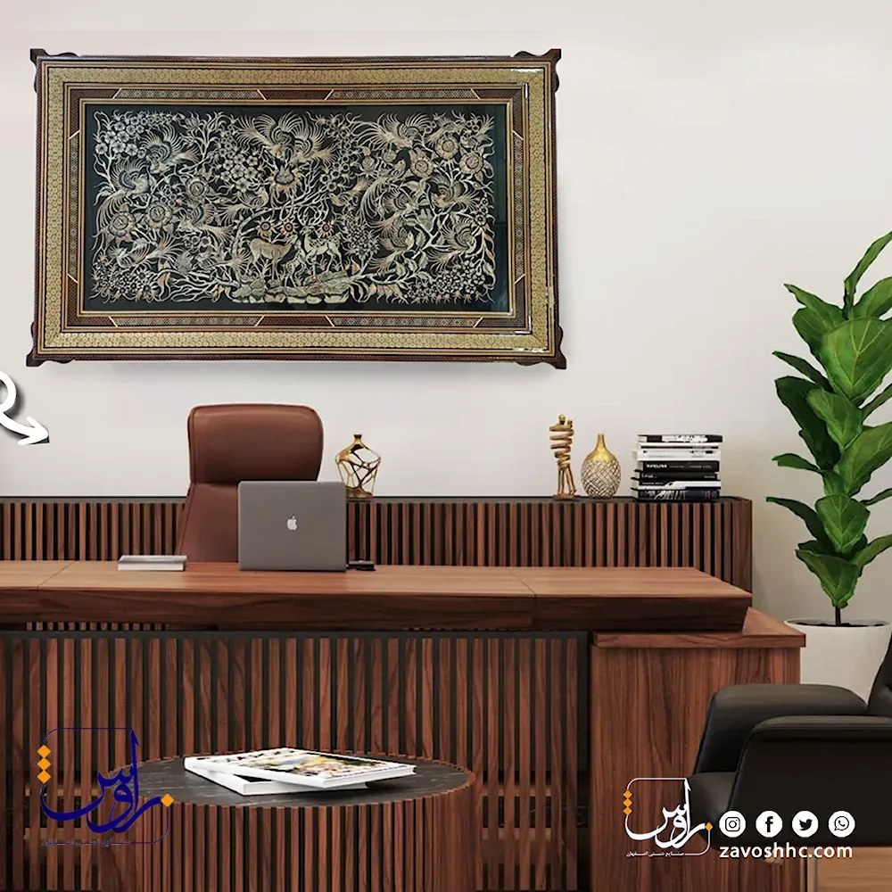 تابلو قلم زنی طرح شکار با قاب خاتم سایز ۱۲۳ در ۷۳