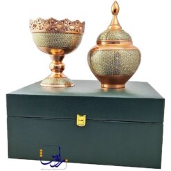 پک هدیه آجیل خوری و قندان سیبی خاتم کاری و جعبه طرح چرم