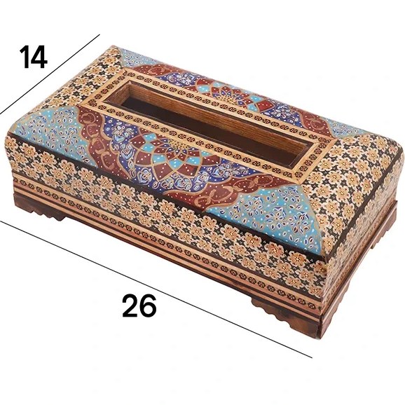 جعبه دستمال کاغذی خاتم تخمه دار چوبی نقاشی اسلیمی