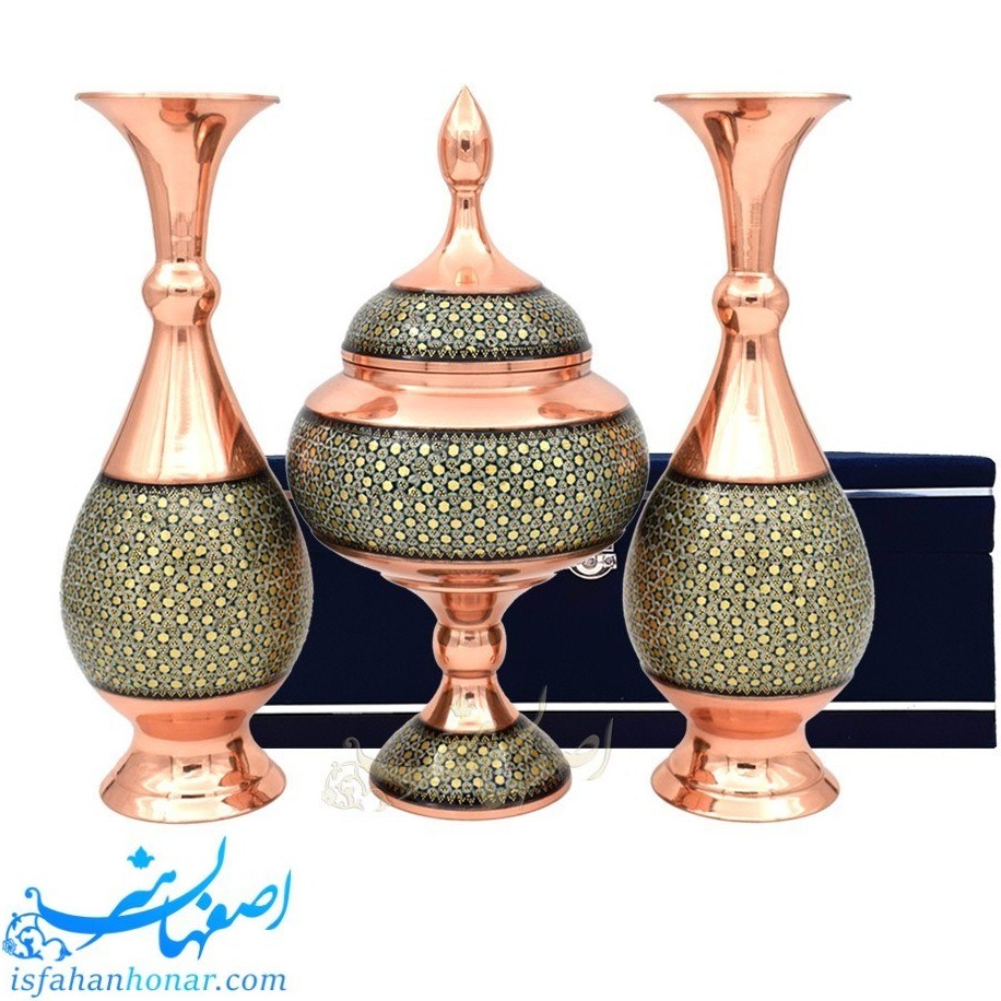 ست گلدان و شکلات خوری مسی خاتم کاری 27 سانتیمتری