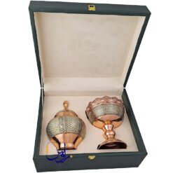 پک هدیه آجیل خوری و قندان سیبی خاتم کاری و جعبه طرح چرم