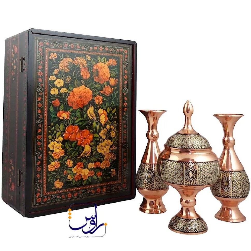 پک هدیه جفت گلدان صراحی 20 و شکلات خوری 23 خاتم کاری با جعبه دکوپاژ