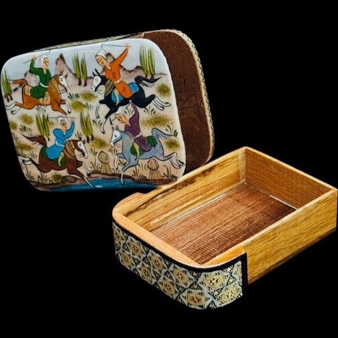 جعبه چوبی خاتم کاری دستساز طرح چوگان