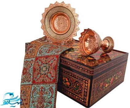 ست آجیل خوری و بشقاب مس و خاتم و ترمه
