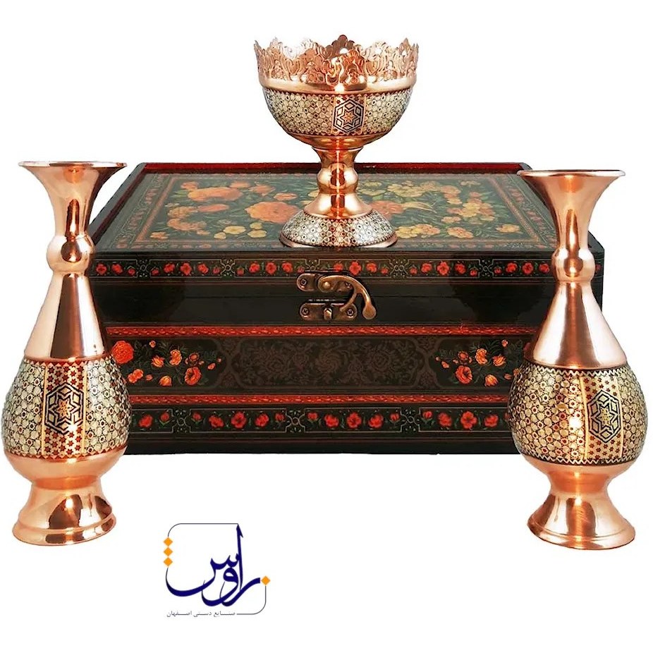 پک هدیه جفت گلدان صراحی 20 و آجیل خوری 16 خاتم کاری با جعبه دکوپاژ