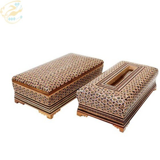 ست جعبه دستمال کاغذی و کارد و چنگال خاتم مدل پره وارو