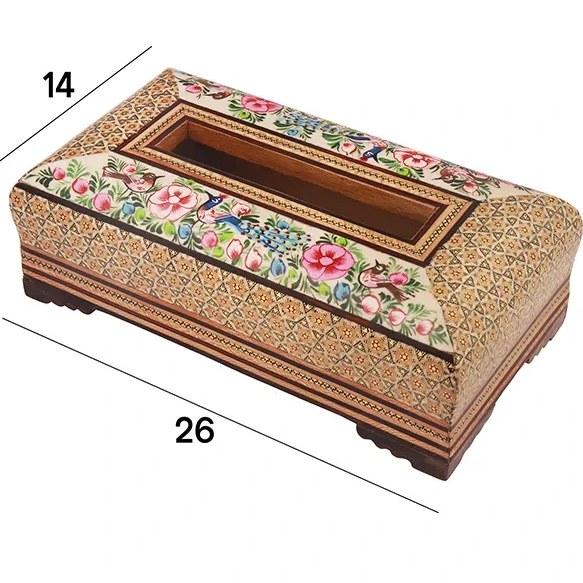 جعبه دستمال کاغذی خاتم تخمه دار نقاشی گل و مرغ