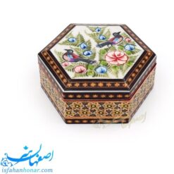 جعبه شش گوش خاتم کاری با نقاشی گل و مرغ